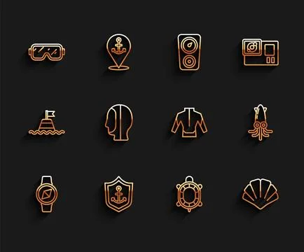 Set line Compass, Anchor inside shield, Diving mask, Turtle, Scallop sea shell Stock Illustration