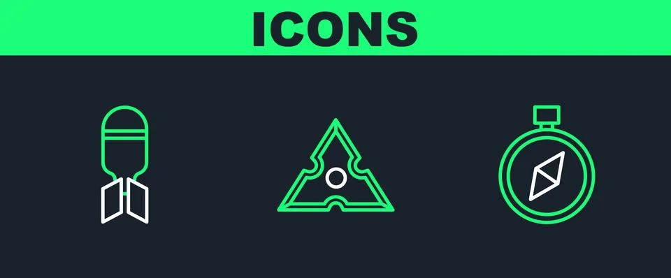 Set line Compass, Aviation bomb and Japanese ninja shuriken icon. Vector Stock Illustration