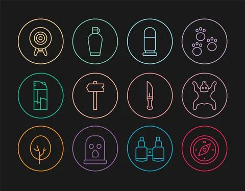 Set line Compass, Bear skin, Bullet, Road traffic sign, Lighter, Target sport Stock Illustration