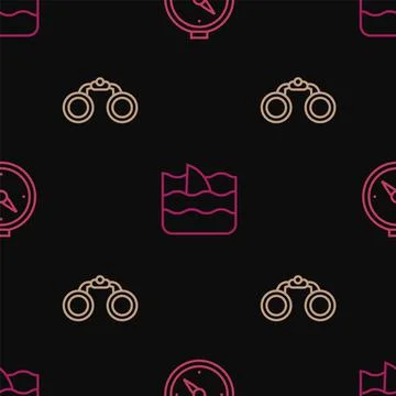 Set line Compass, Binoculars and Shark fin ocean wave on seamless pattern 스톡 일러스트