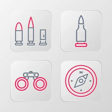 Set line Compass, Binoculars, Bullet and and cartridge icon. Vector Stock Illustration