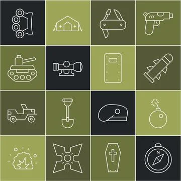 Set line Compass, Bomb ready to explode, Rocket, Swiss army knife, Sniper o.. イラスト素材