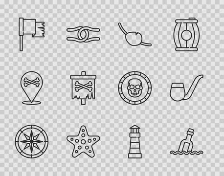 Set line Compass, Bottle with message in water, Pirate eye patch, Starfish,.. Stock Illustration
