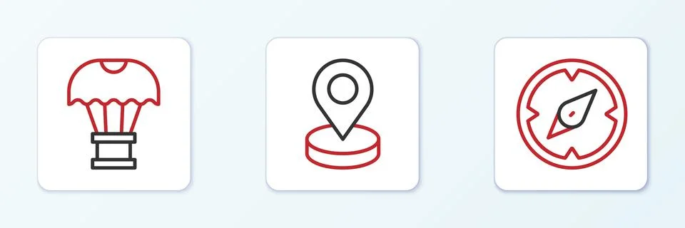 Set line Compass, Box flying on parachute and Location icon. Vector Stock Illustration