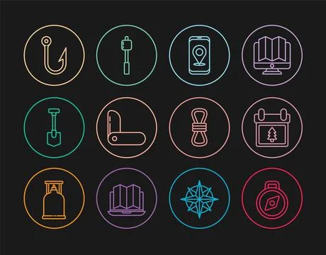 Set line Compass, Calendar with tree, City map navigation, Swiss army knife,  Illustrazione stock