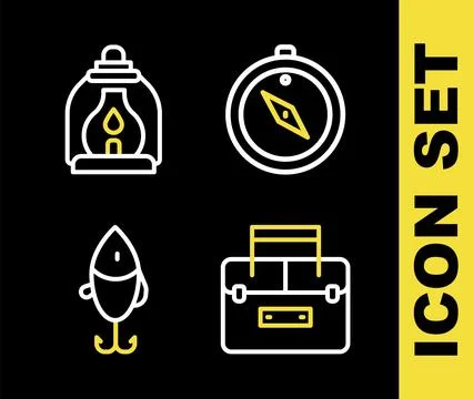 Set line Compass, Case container for wobbler, Fishing lure and Camping lantern Stock Illustration