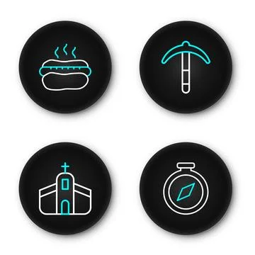 Set line Compass, Church building, Pickaxe and Hotdog sandwich icon. Vector Stock Illustration