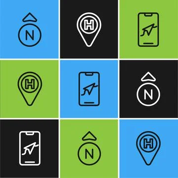 Set line Compass, City map navigation and Helicopter landing pad icon. Vector 스톡 일러스트