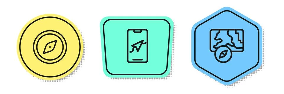 Set line Compass, City map navigation and . Colored shapes. Vector Illustrazione stock