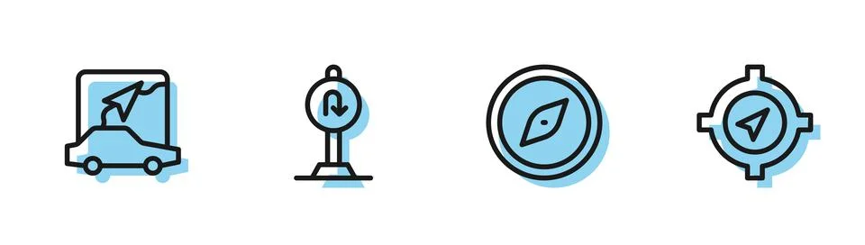 Set line Compass, City map navigation, Turn back road sign and icon. Vector 스톡 일러스트