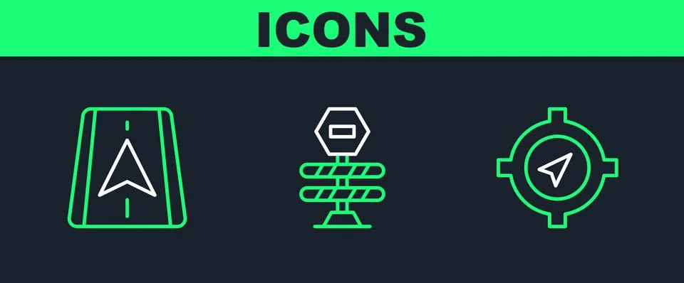 Set line Compass, City map navigation and Road barrier icon. Vector 스톡 일러스트