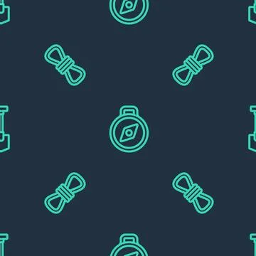 Set line Compass, Climber rope and Shovel on seamless pattern. Vector Stockillustratie
