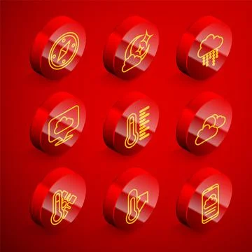 Set line Compass, Cloud with moon, rain, Location cloud, Meteorology thermometer Illustrazione stock