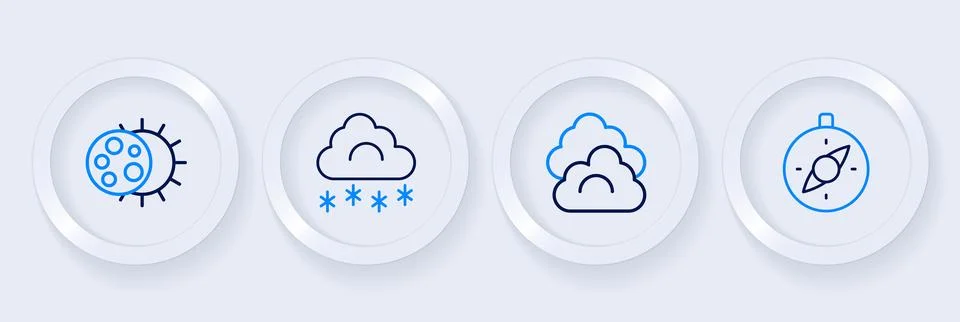 Set line Compass, Cloud, with snow and Eclipse of the sun icon. Vector Stock Illustration