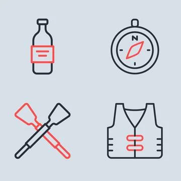 Set line Compass, Crossed oars or paddles boat, Fishing jacket and Bottle o.. Illustrazione stock