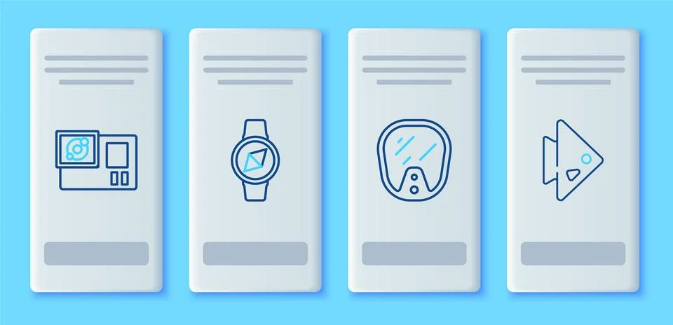 Set line Compass, Diving mask, Action camera and Fish icon. Vector Stockillustratie