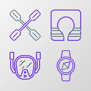 Set line Compass, Diving mask, Life jacket and Paddle icon. Vector Stock Illustration