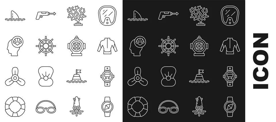 Set line Compass, Diving watch, Wetsuit, Coral, Ship steering wheel, Scallop sea Illustrazione stock