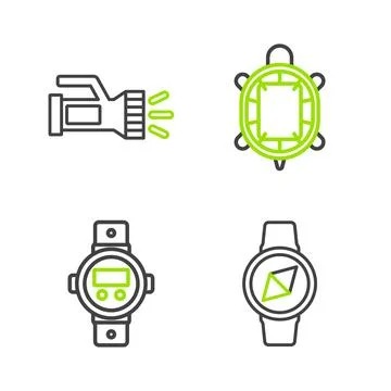 Set line Compass, Diving watch, Turtle and Flashlight icon. Vector Stock Illustration