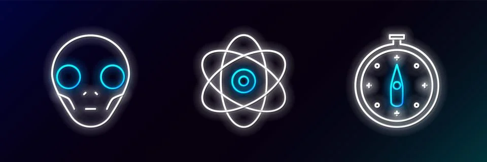 Set line Compass, Extraterrestrial alien face and Atom icon. Glowing neon. .. Stock Illustration