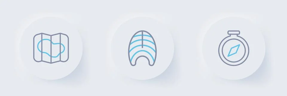 Set line Compass, Fish steak and Map of Iceland icon. Vector イラスト素材