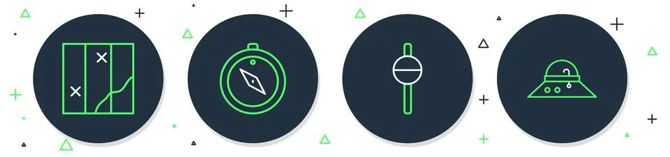 Set line Compass, Fishing float, Folded map and Fisherman hat icon. Vector Stock Illustration