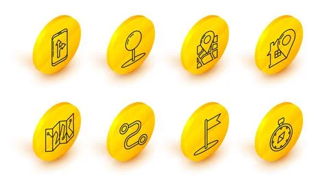 Set line Compass, Flag, Route location, Folded map with marker, Map pointer h Stock Illustration