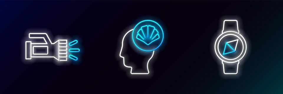 Set line Compass, Flashlight and Scallop sea shell icon. Glowing neon. Vector Stock Illustration