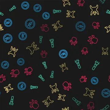 Set line Compass, Flashlight, Bear skin and Paw print on seamless pattern Stock Illustration