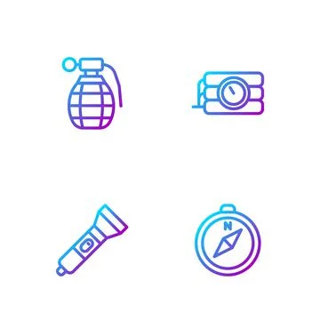 Set line Compass, Flashlight, Hand grenade and Dynamite timer clock. Gradient Stock Illustration