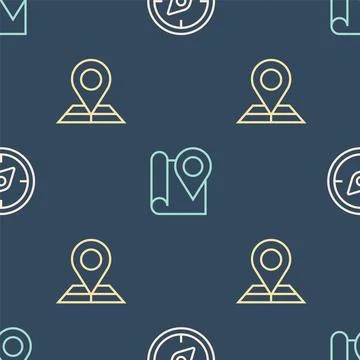 Set line Compass, Folded map with location marker and on seamless pattern Stock Illustration