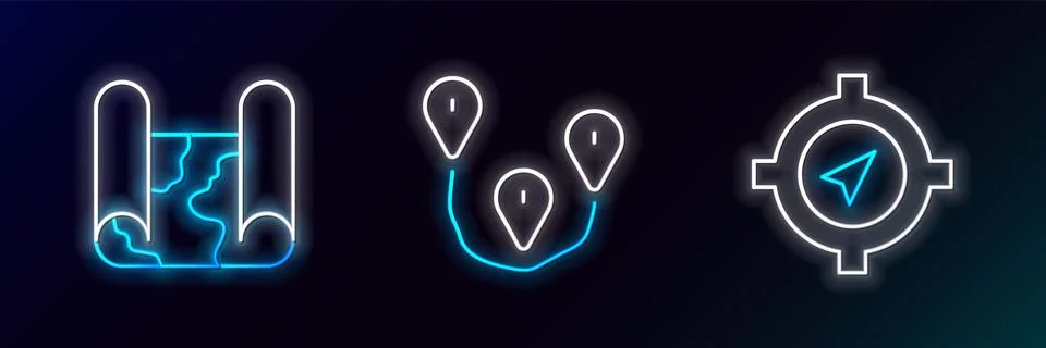 Set line Compass, Folded map and Route location icon. Glowing neon. Vector Stock Illustration