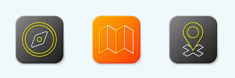 Set line Compass, Folded map and Location icon. Vector Stock Illustration
