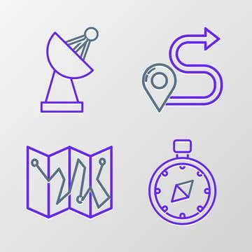Set line Compass, Folded map with location marker, Route and Radar icon. Vect Stock Illustration
