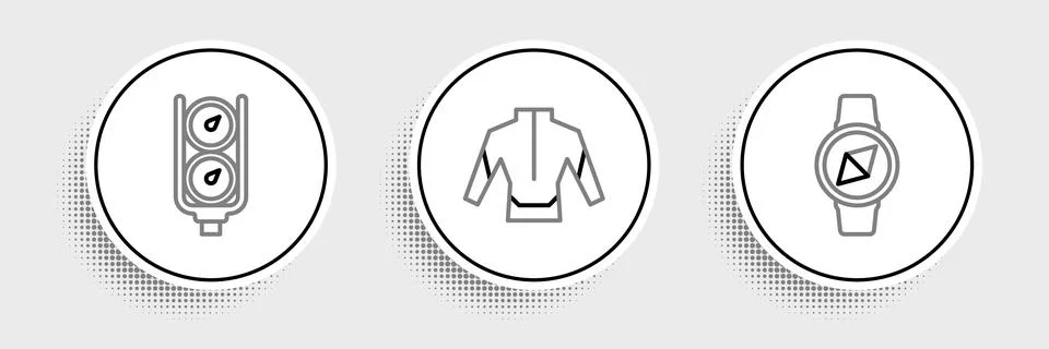 Set line Compass, Gauge scale and Wetsuit icon. Vector Stock Illustration