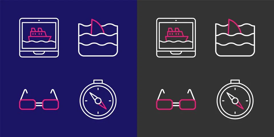 Set line Compass, Glasses, Shark fin in ocean wave and Cruise ship icon. Vect Stock Illustration