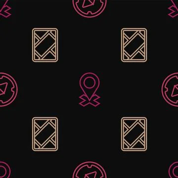 Set line Compass, Gps device with map and Location on seamless pattern. Vector Stock Illustration