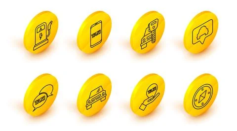 Set line Compass Hand on map pointer with taxi Car Taxi call telephone servic Stock Illustration