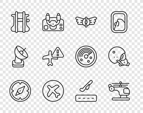 Set line Compass, Helicopter, Aviation emblem, Plane, Parachute, Warning ai.. Illustrazione stock