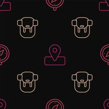 Set line Compass, Hiking backpack and Location for camping on seamless pattern Stock Illustration