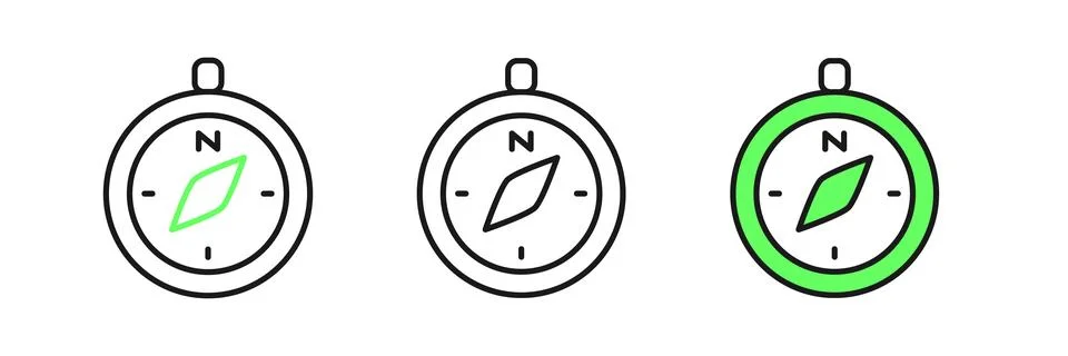 Set line Compass icon isolated on white background. Windrose navigation sym.. Ilustración de archivo