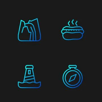 Set line Compass, Lighthouse, Waterfall and Hotdog sandwich. Gradient color Stock Illustration