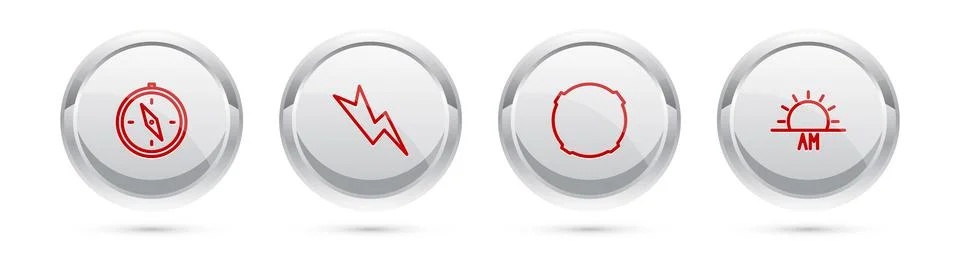 Set line Compass, Lightning bolt, Moon and Sunrise. Silver circle button. Vector イラスト素材