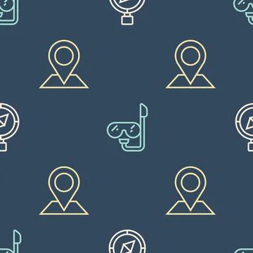 Set line Compass, Location and Diving mask and snorkel on seamless pattern Stock Illustration