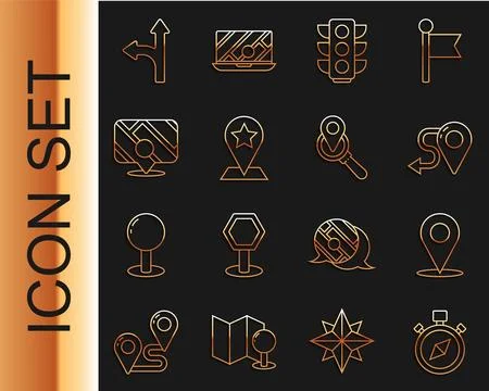 Set line Compass, Location, Route location, Traffic light, Map pointer with star Stock Illustration