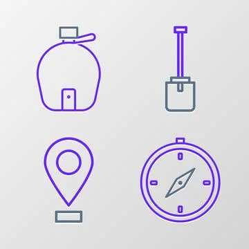 Set line Compass, Location, Shovel and Canteen water bottle icon. Vector Illustration