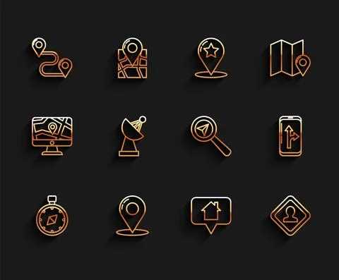 Set line Compass, Map pin, Route location, pointer with house, Road traffic sign Stock Illustration