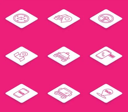 Set line Compass, Map pointer with taxi, Steering wheel, Folded map location Stock Illustration