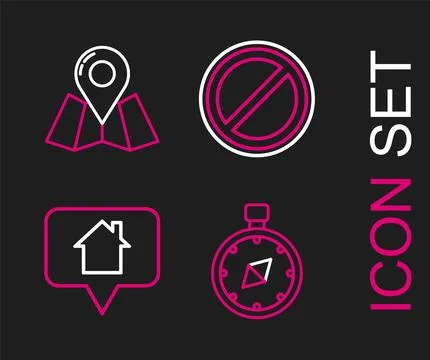 Set line Compass, Map pointer with house, Stop sign and Folded map location Illustrazione stock