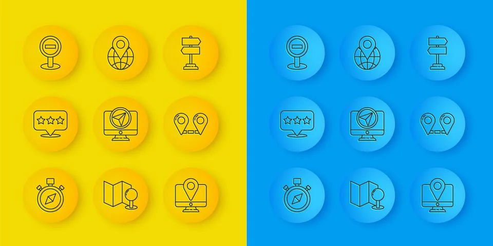 Set line Compass, Map pointer with star, Monitor location marker, Route, St.. Illustrazione stock